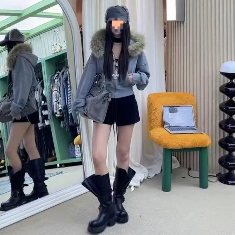 Physical Stall Autumn/Winter Korean Version Elegant High-End Detachable Furry Collar Hooded Waist-Cinching Short Casual Jacket