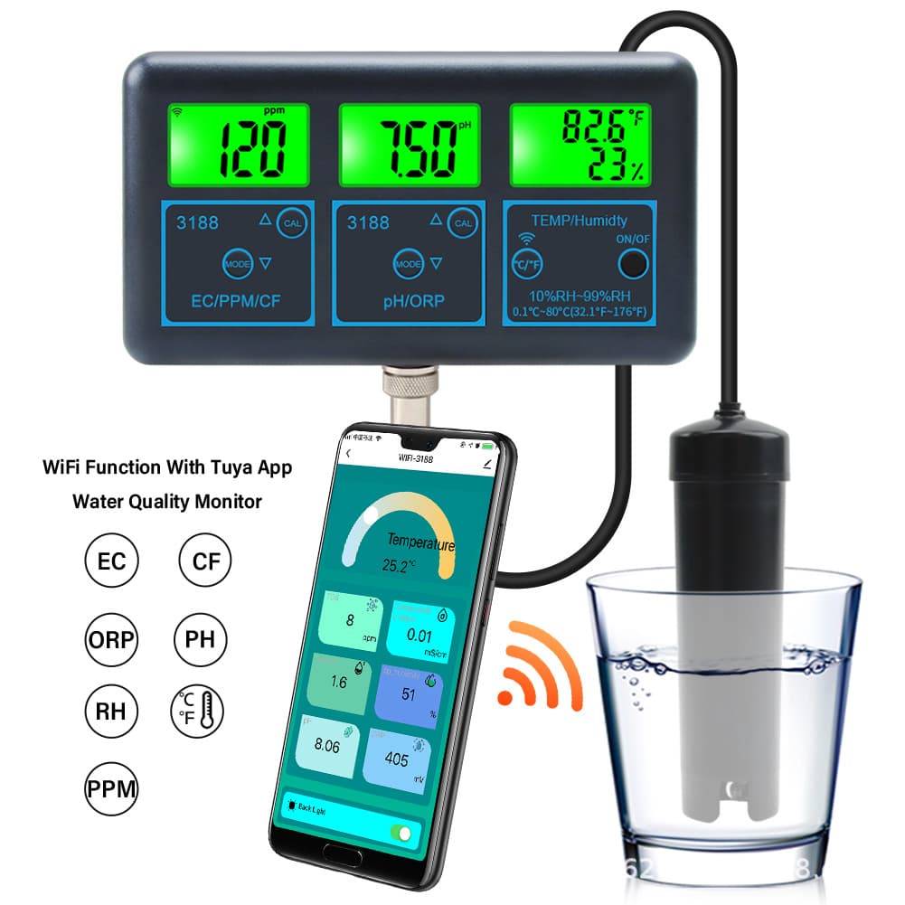 Tuya WiFi connection 7-in-1 detector PH meter TDS/ORP/CF/EC temperature and humidity fish tank water quality detector