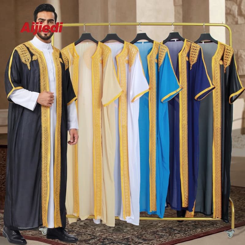FN224-19-A Men's Embroidered Short-Sleeve Outer Robe Gold Trim Cardigan Dress Multicolor Ethnic Style Thobe Outerwear