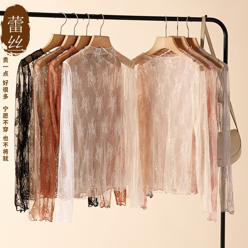2020 Autumn/Winter Lace Base Layer Women Long Sleeve Semi-high Neck Inner Wear Hollow-out Chiffon Chic Sexy Mesh Top