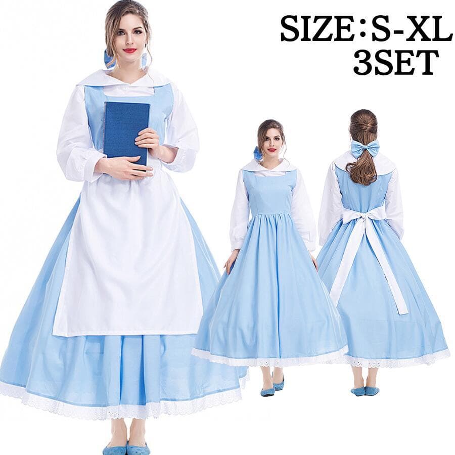 Princess Belle blue dress Halloween costume maid maid costume French cafe work costume