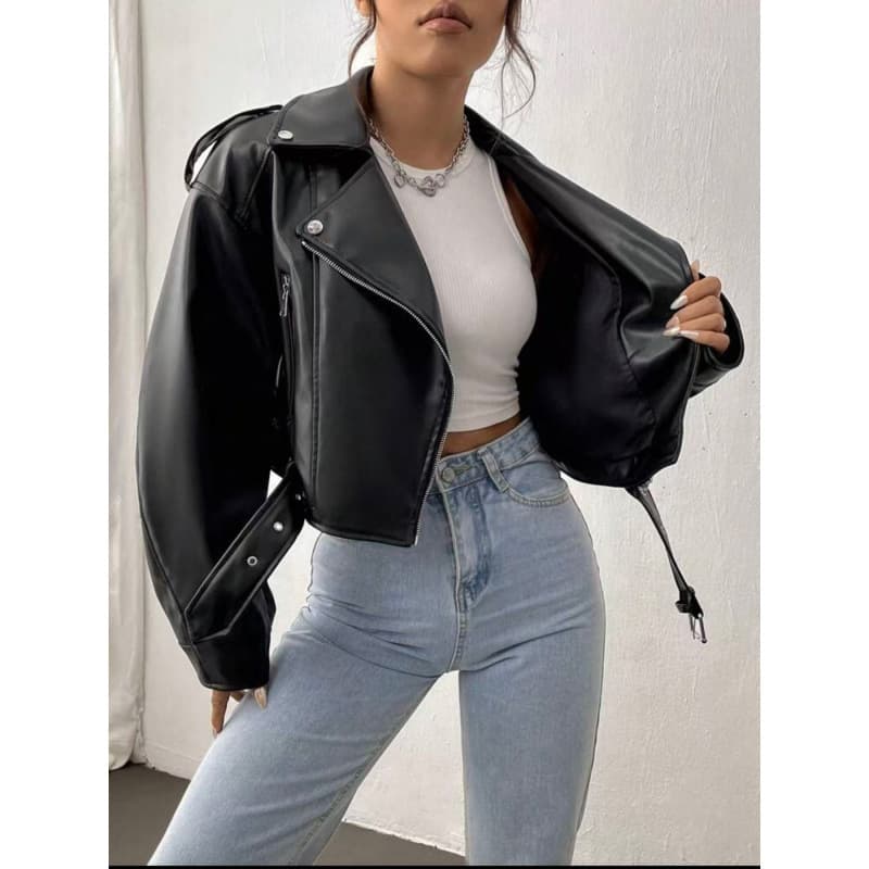 New Cross-Border European and American Style Short PU Leather Jacket for Women, Motorcycle Biker Jacket, Slim Fit, Fashionable and Versatile Spring and Autumn Coat
