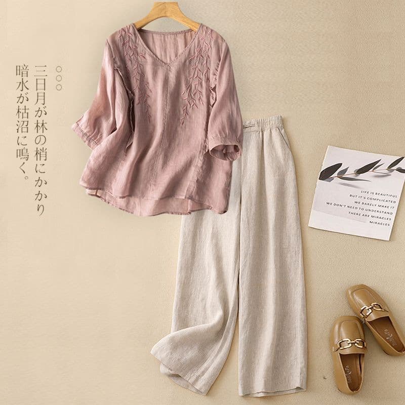 New Summer Plus Size Women's Mom Cotton Linen Two-Piece Set, Fashionable Young Style, Three-Quarter Sleeve Shirt Top