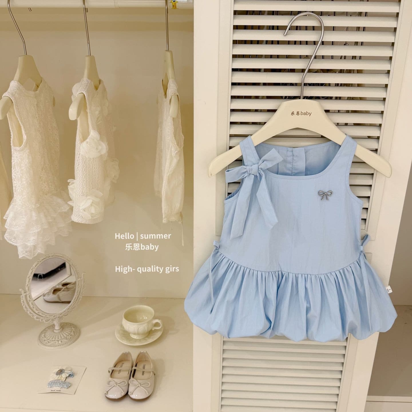 Blue Girls Dress New Butterfly Knot Vest Dress Fashion Bud Fluffy Skirt Cotton Super Cute Half Skirt