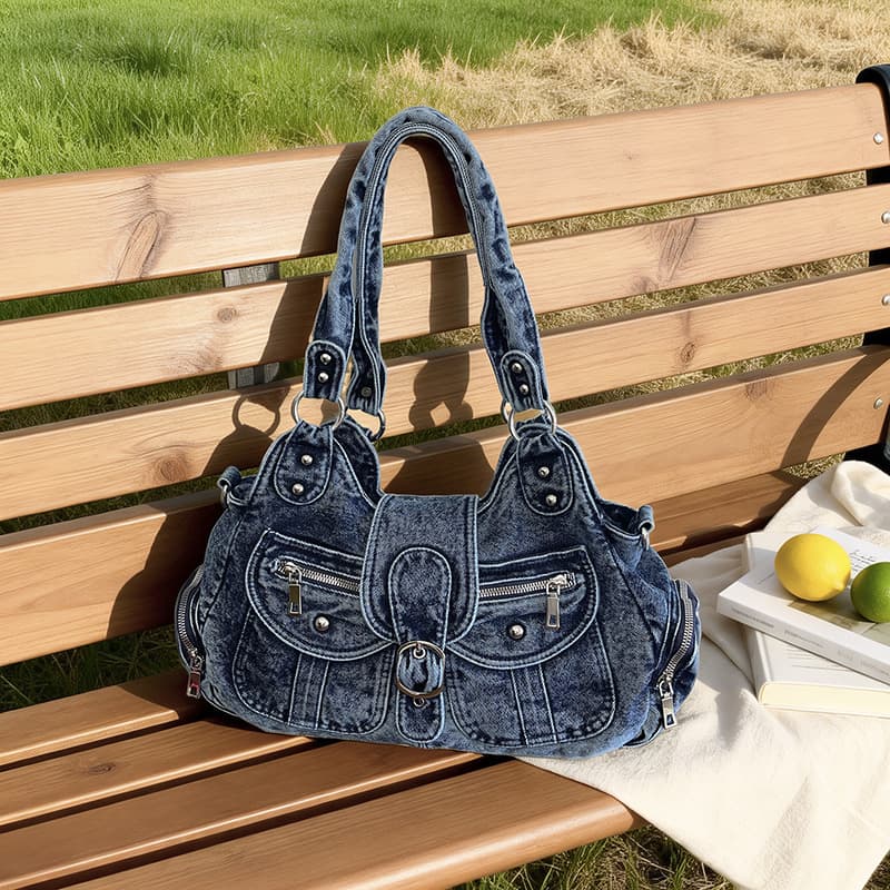 Cross-border Supply Women's Fashion Multi-pocket Denim Tote Bag, Trendy Washed Shoulder Crossbody Handbag
