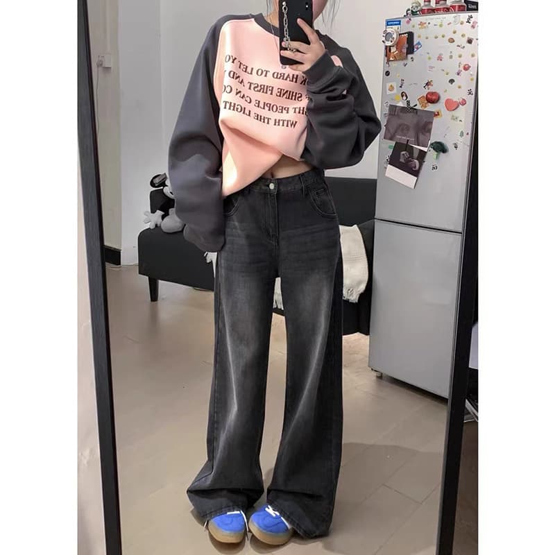 American Vintage Black Jeans for Women, Loose Fit, Slimming High-Waist Straight Wide-Leg Trousers for Spring and Autumn