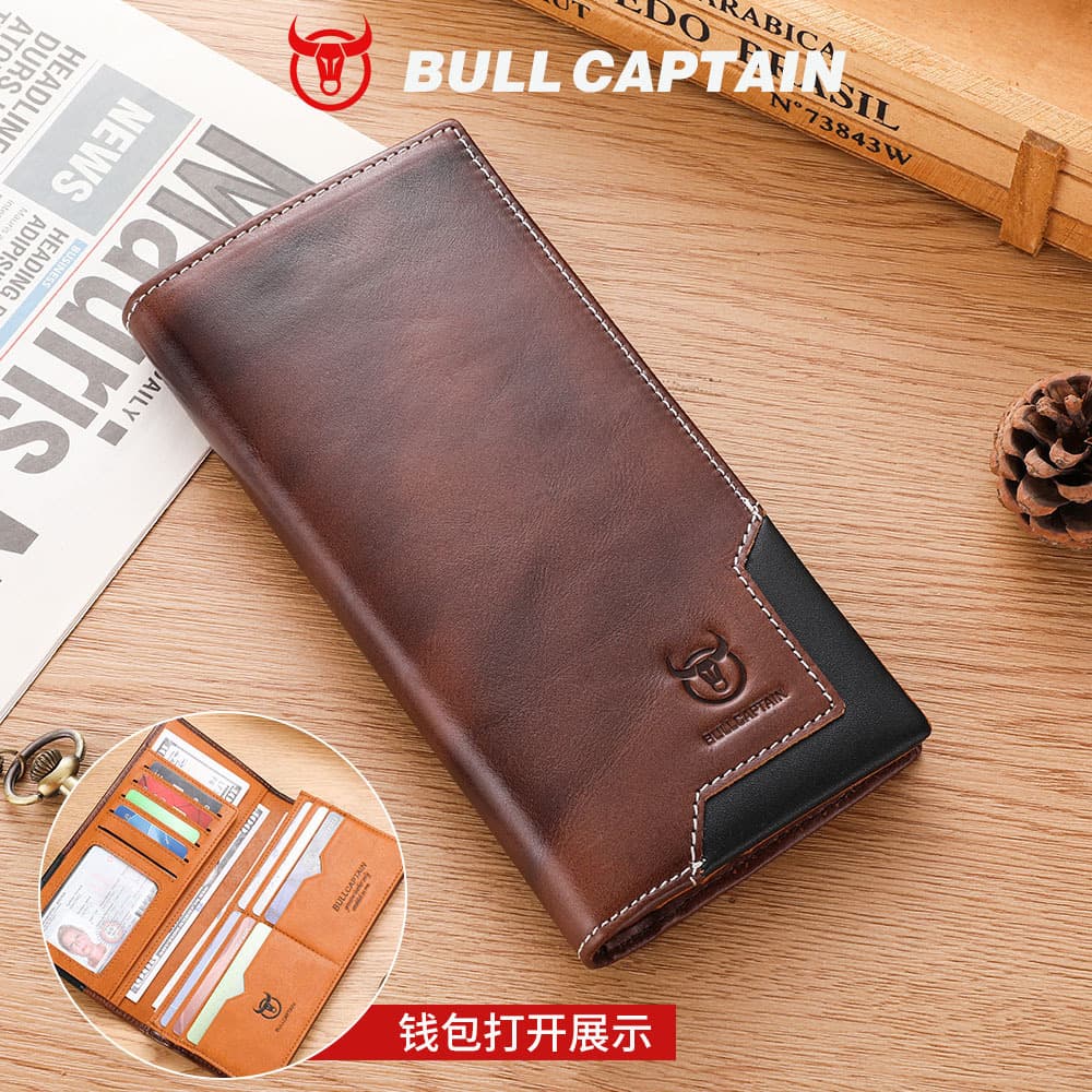 Captain Cow Genuine Leather Men's Wallet Oil Wax Leather Vintage Long Wallet Top Layer Cowhide Two-Fold Large Capacity Coin Purse
