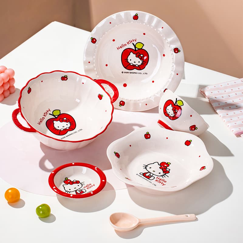 Sanrio Ceramic Tableware Apple Plate French Style High Aesthetic Serving Plate for Home Western Food Dessert Breakfast Plate Cute Rice Bowl