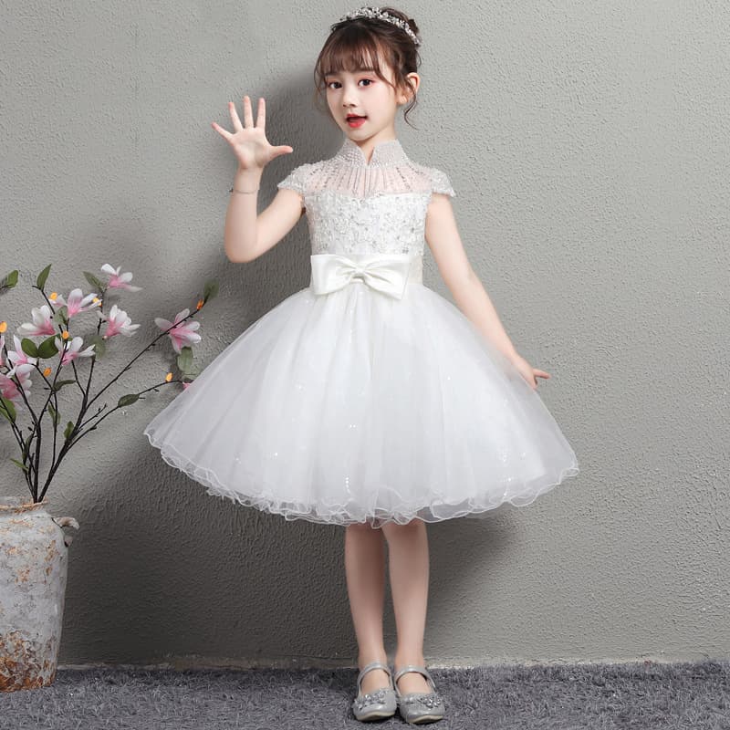 Girls' White Princess Dress, Flower Girl Tutu Dress, for Hosting, Catwalk, and Piano Performance