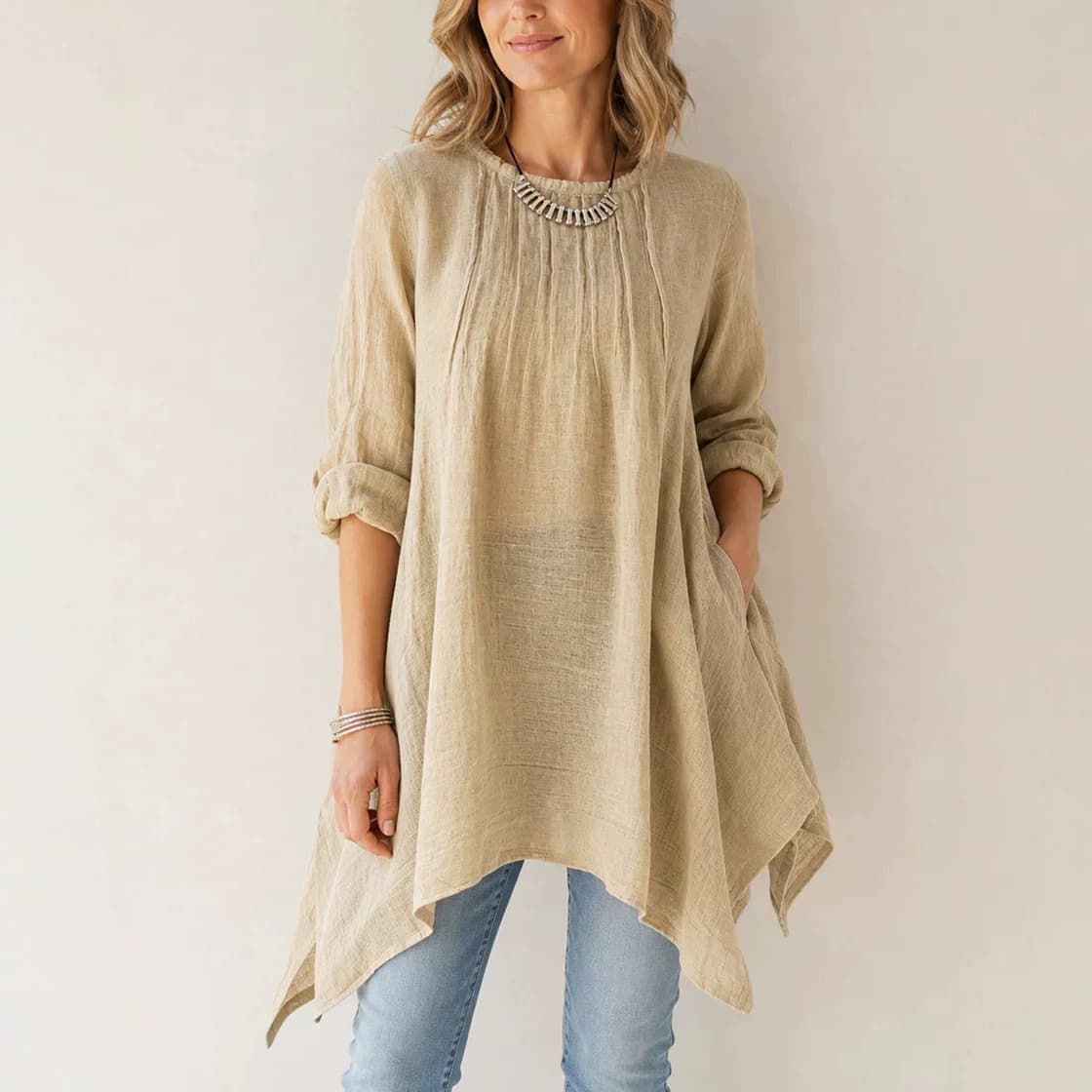 Women's T-Shirt Autumn European & American New Style Long Sleeve Pleated Classic Retro Simple Long Loose Top