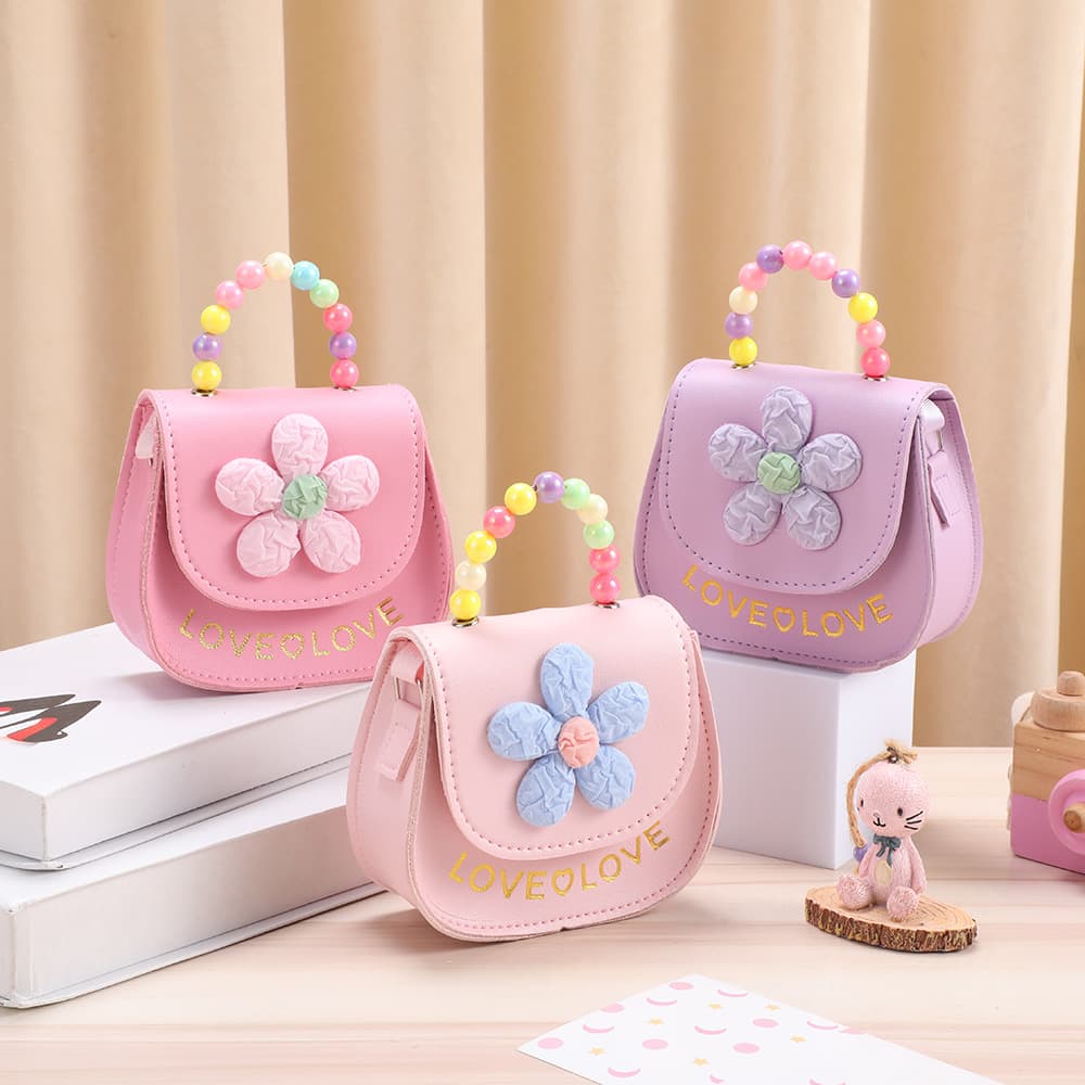 Children's Cute Pink Flower Pearl Handbag, Crossbody Shoulder Bag for Girls, Wholesale Storage Bag