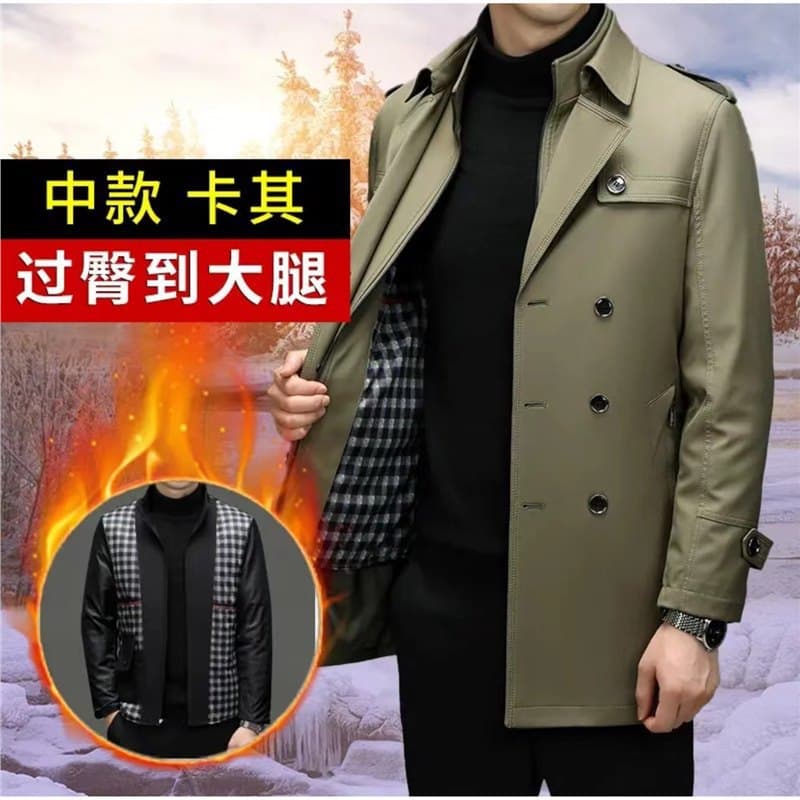 Men's Mid-Length Business Casual Autumn/Winter Thickened Jacket with Suit Collar and Detachable Inner Lining