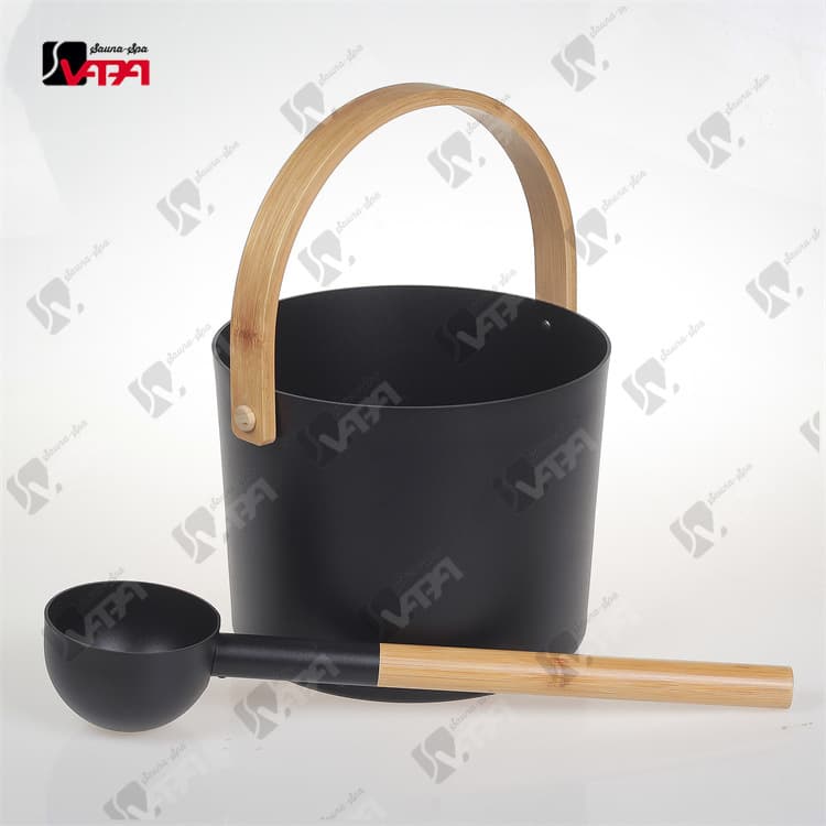 Sauna aluminum buckets and spoons, sauna room aluminum buckets with bamboo handles and round aluminum spoons, 7L spray-coated aluminum buckets - factory direct sales.