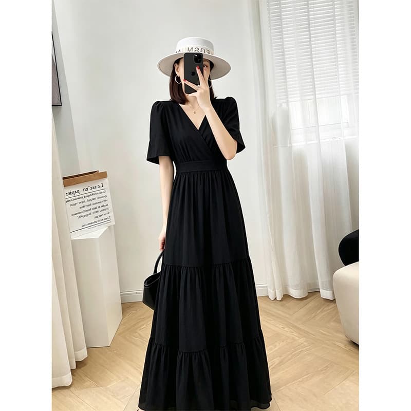 Chunky MM Dress Women's Summer New Chiffon Dress High-End Sense Elegant Slimming Black Plus Size Chunky Sister Long Dress