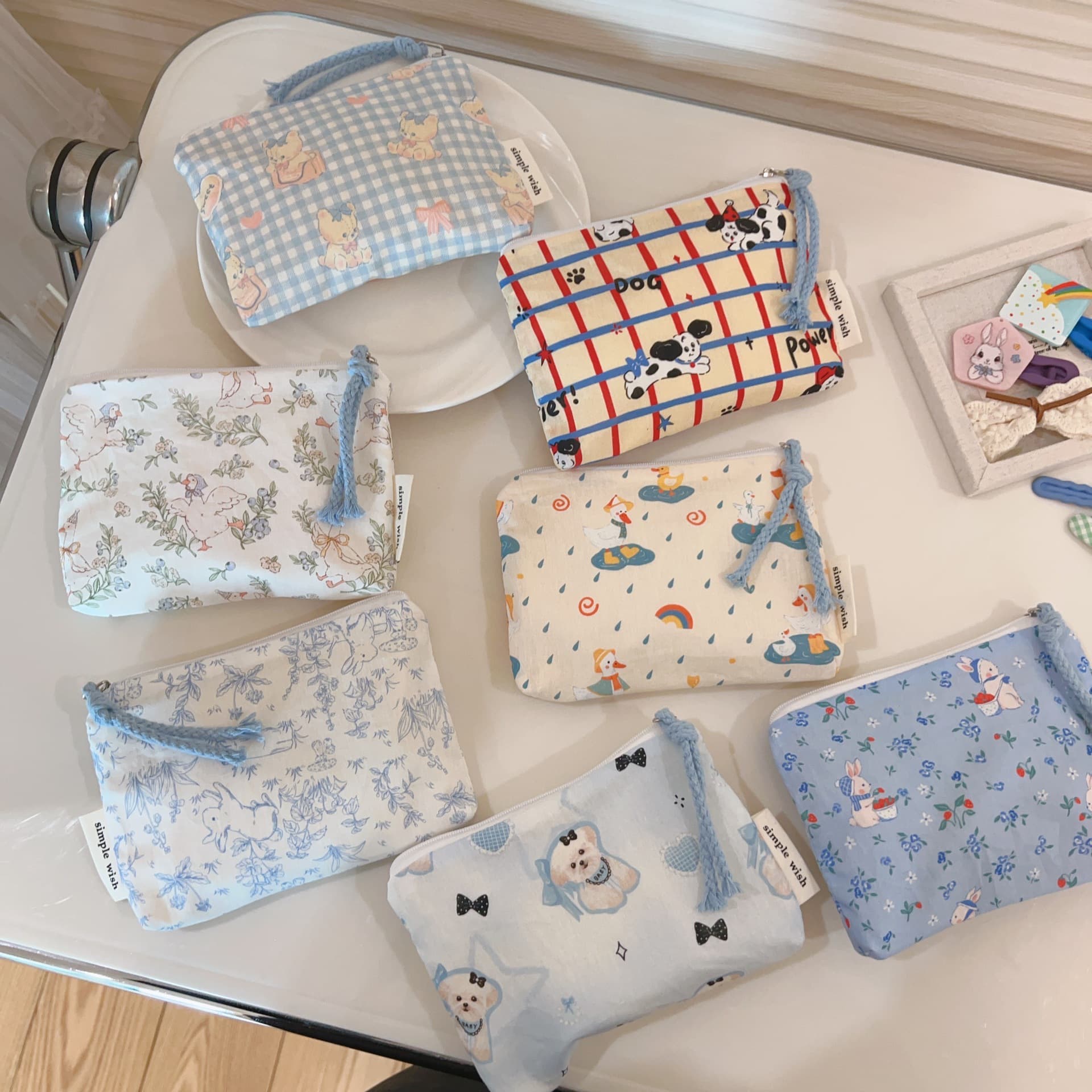 [Su Xi Cloth Bag] Blue Cute Cartoon Mini Coin Purse Cotton Small Pouch for Earphones and Lipstick Storage