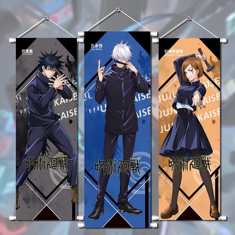 Anime Merch Jujutsu Kaisen Hanging Silk Cloth Poster Gojo Satoru, Fushiguro Megumi, Geto Suguru, Itadori Yuji Scroll 2D Anime