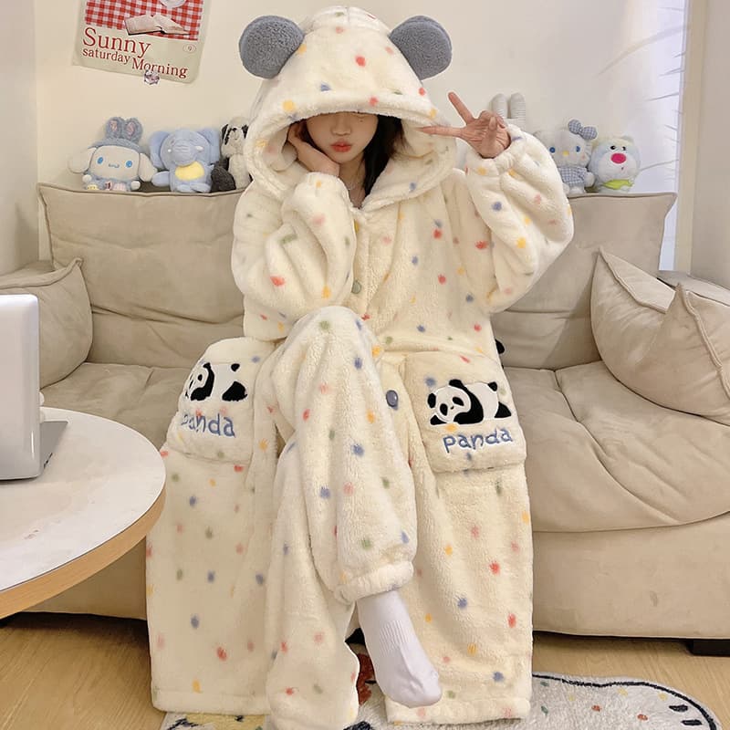Cute Panda Pajamas for Women, Autumn and Winter New Flannel Home Clothes, Coral Velvet Winter Thickened Velvet Pajamas Set