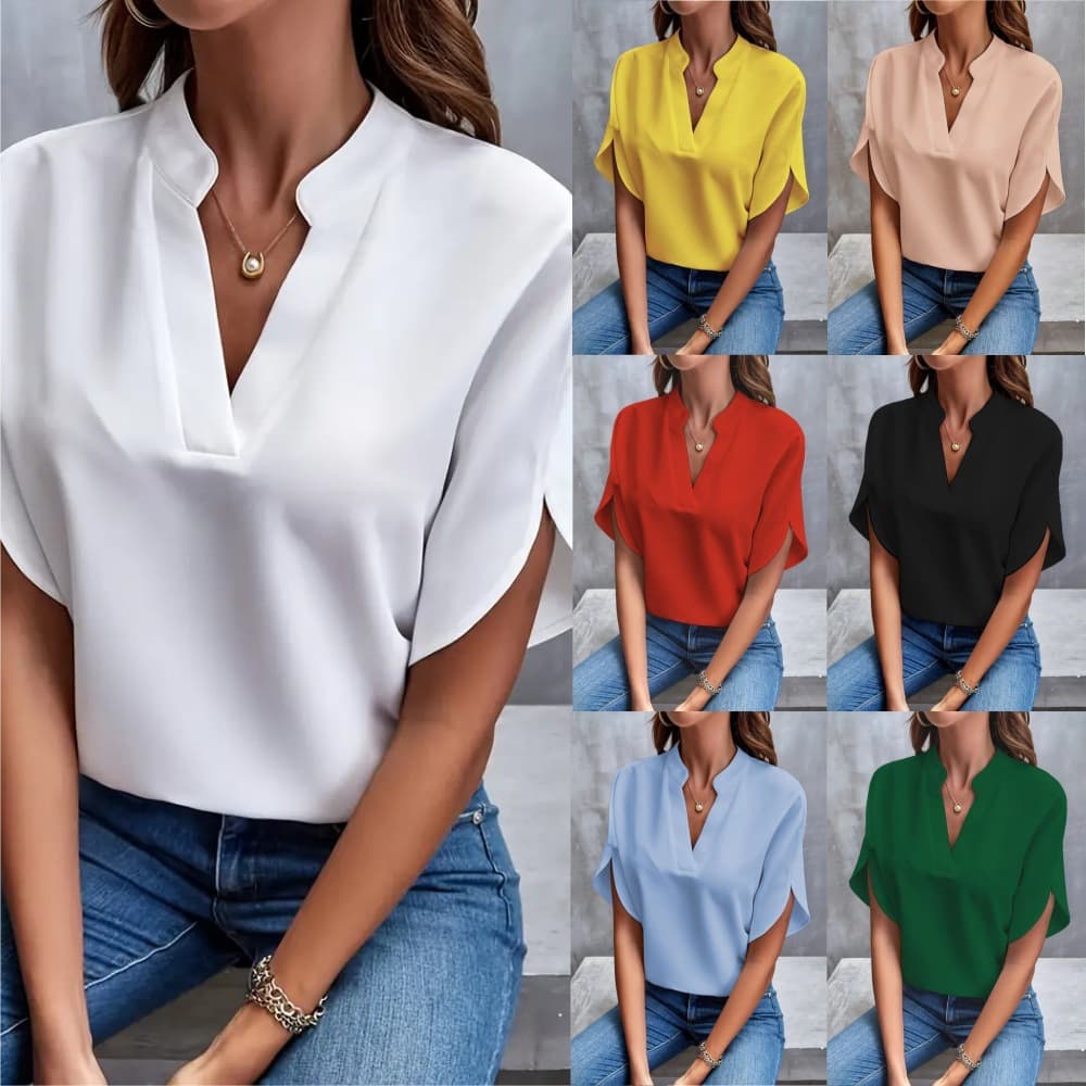 Amazon European and American cross-border foreign trade women's clothing 2024 summer casual solid color V-neck loose shirt tops for women