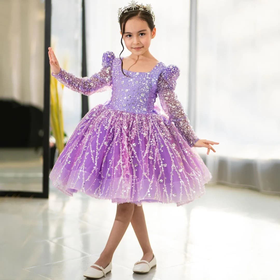 Flower Girl Dress Purple Sequin Tulle Bow Long Sleeve Wedding Birthday Party Christmas Ball Gown