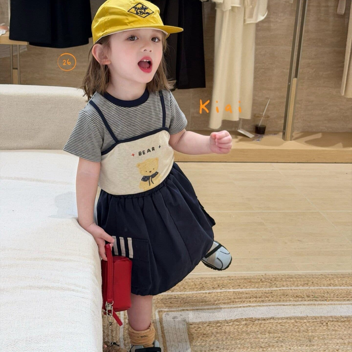 Korean Style Girls' Outfit New Summer Set Baby Girl Faux Two-Piece Striped Top Navy Skirt Two-Piece Set Trendy