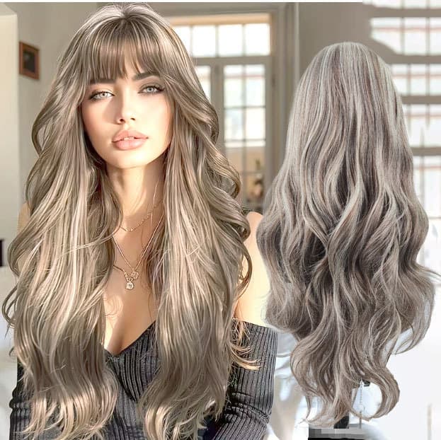 Ash Brown Balayage Big Wave Long Curly Wig Matte High Temperature Fiber Wig Influencer Fair Skin Ambiance Wig Factory