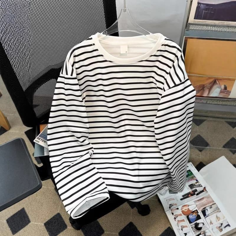 2025 Hong Kong Style Retro Striped Long-Sleeved T-Shirt Men's Autumn Trendy Casual Versatile Student Round Neck Base Layer Shirt Top