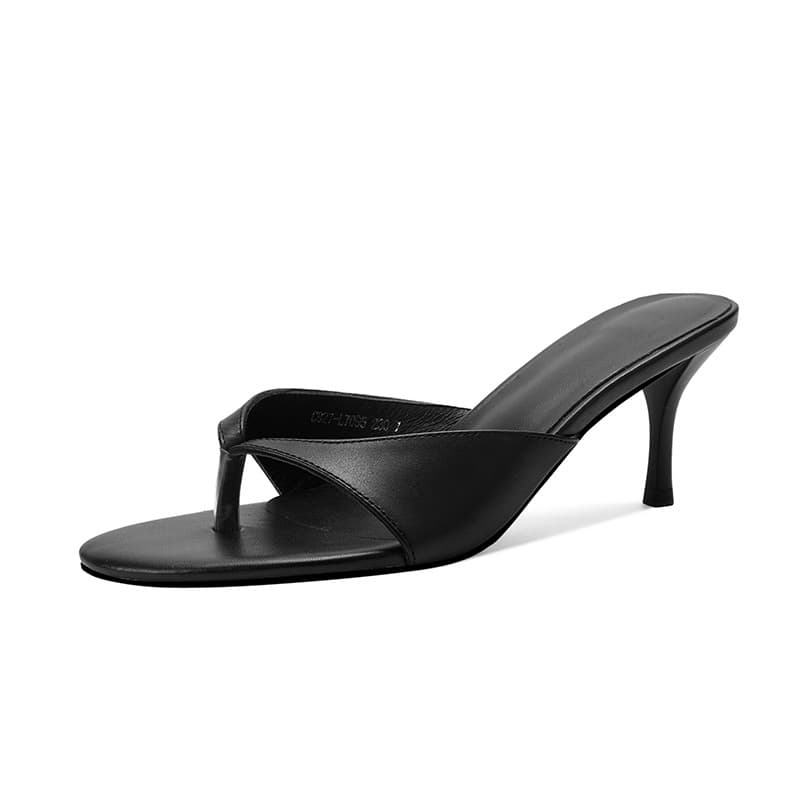 European and American Style Black Leather Thong Sandals, Summer Round-Toe Slip-On Stiletto Flip-Flops, White Women's Wedding Shoes