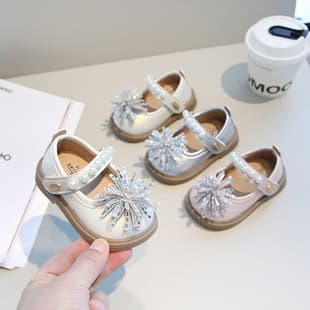 New Princess Shoes for Girls with Rhinestones, Round Toe, Flat Bottom Baby Walking Shoes, Toddler Square Mouth Leather Shoes