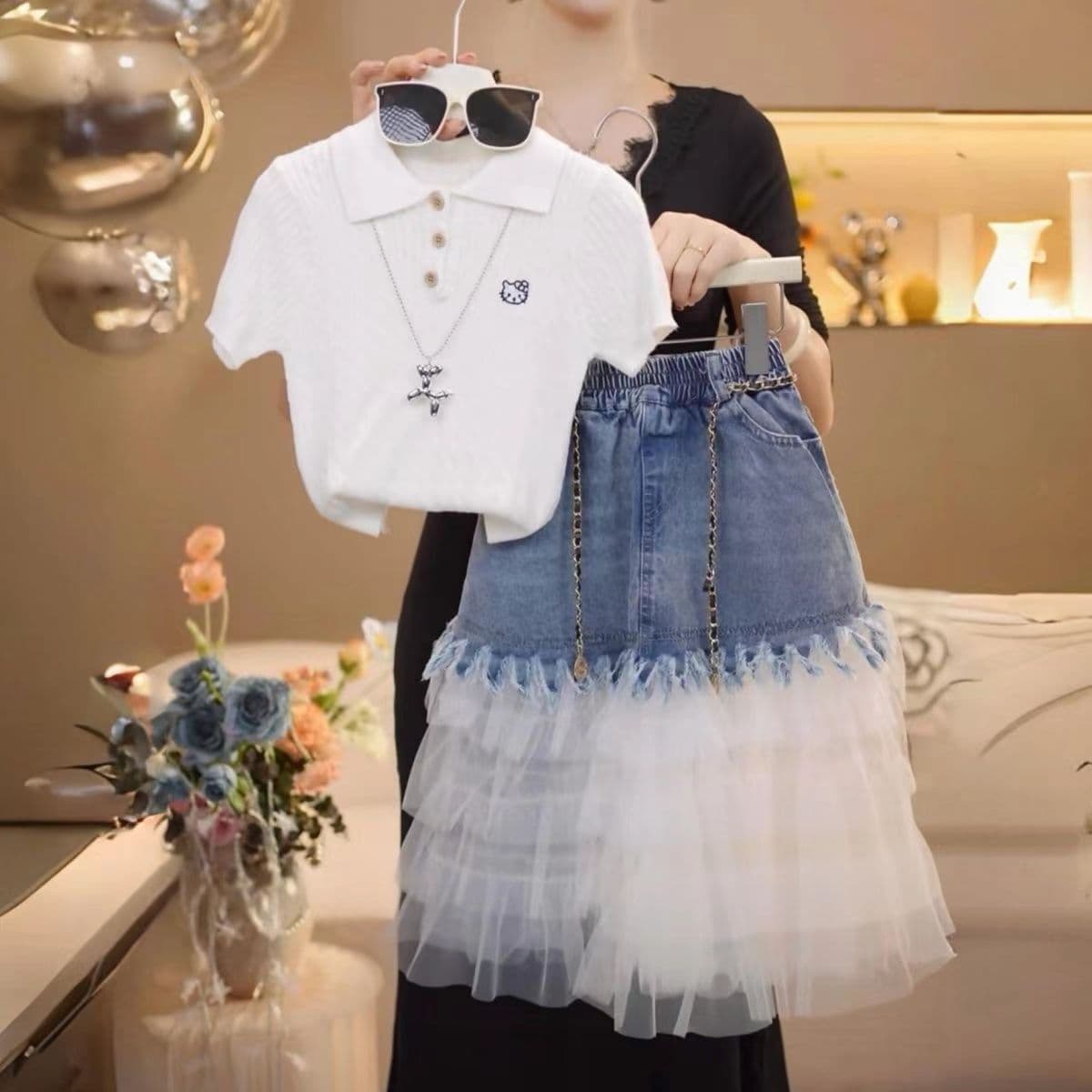 Girls Summer Set 2026 New Korean Style Chic Kids Solid Color Short Sleeve Fashion Patchwork Skirt Two-Piece Set