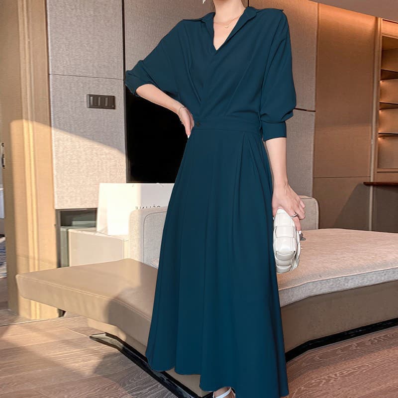 200 pounds plus size women's long-sleeved dress for fat mm summer Korean style waist slimming short-sleeved shirt dress 92176