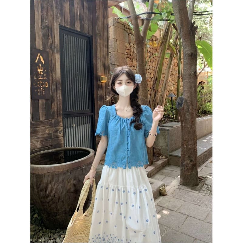 Lake Blue Short Sleeve Top Women 2026 Summer Dopamine Set French Unique Babydoll Petite Lace Shirt