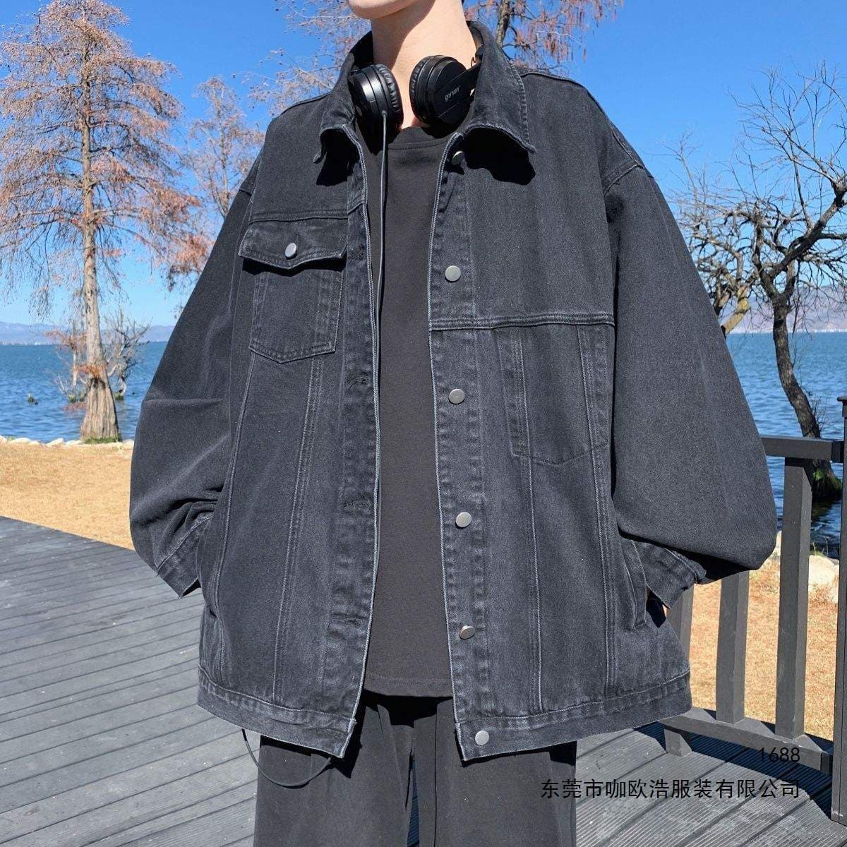Stylish Workwear Denim Jacket for Men Spring Autumn Trendy Heavyweight Mature Black Gray Lapel Hunting Jacket