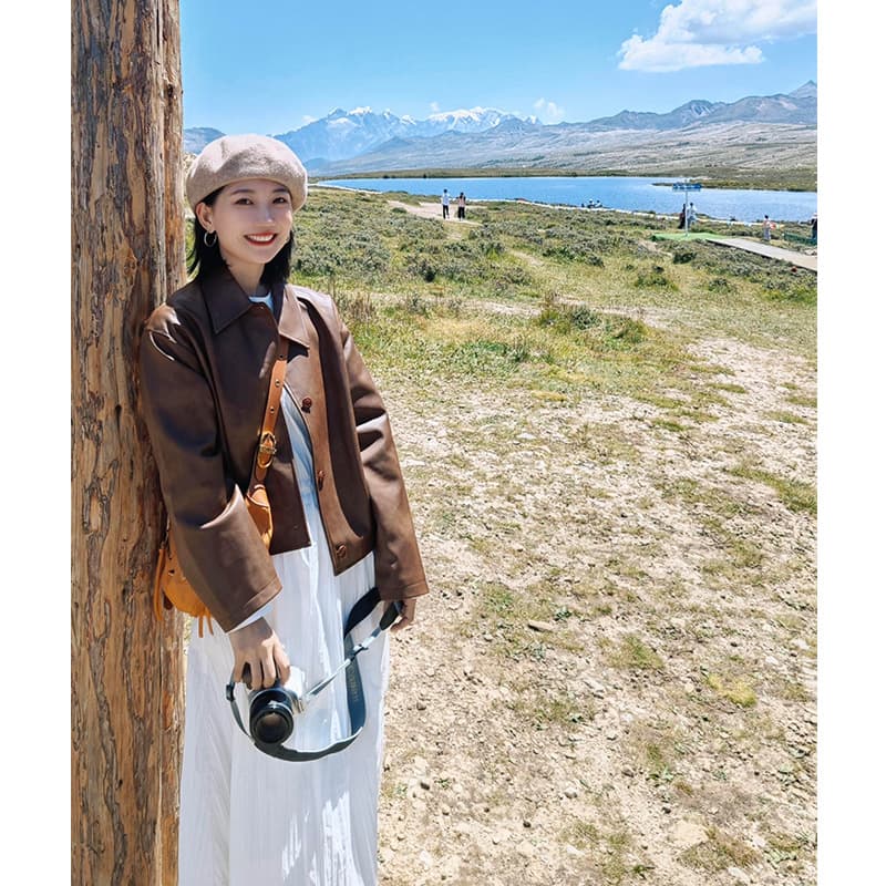Benview [Physical Store Exclusive] Brown Leather Jacket for Women Spring Autumn Blazer Motorcycle Commuter Petite