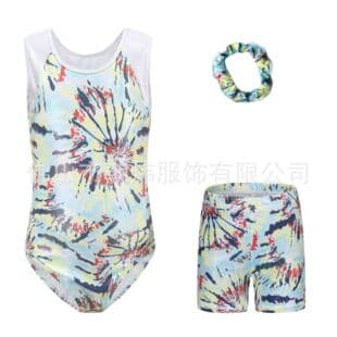 Children's Gymnastics Leotard, Kids Dance Costume, Performance Bodysuit, Tie-Dye Girls' Practice Wear with Shorts and Headband Set