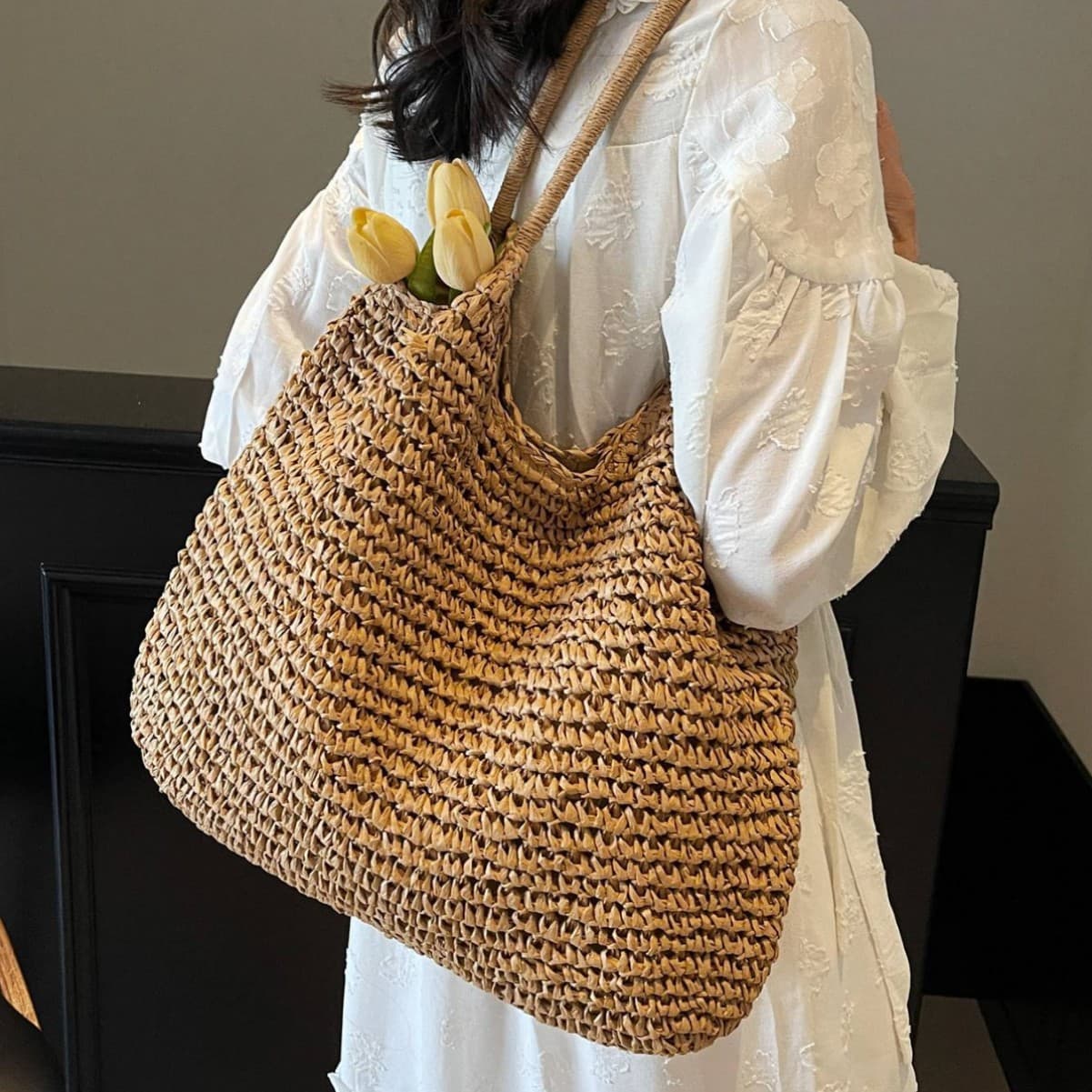Lazy Style Large Capacity Tote Bag for Women 2026 New Straw Woven Bag Beach Casual Vacation Shoulder Handbag