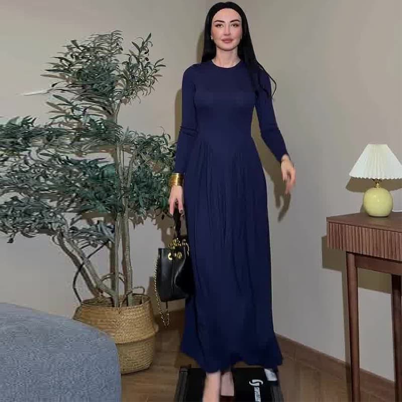2026 New European and American Amazon Cross-border Women's Round Neck Long Sleeve Waist-Tied Patchwork Casual Long Dress