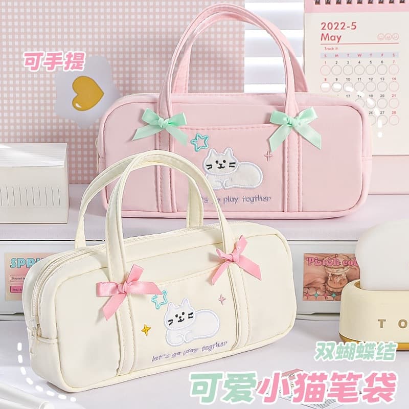 Cute bow kitten pencil case, portable embroidered, high-looking, fresh, convenient, simple stationery pencil case