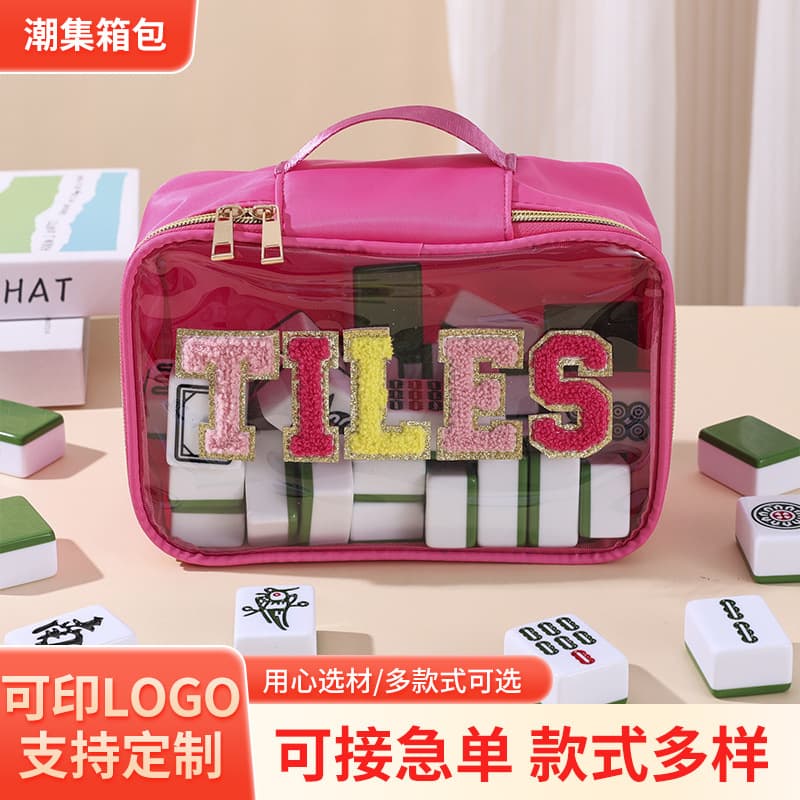 Cross-stitch embroidered letter mahjong bag handbag large capacity storage bag transparent PVC makeup bag travel toiletry bag