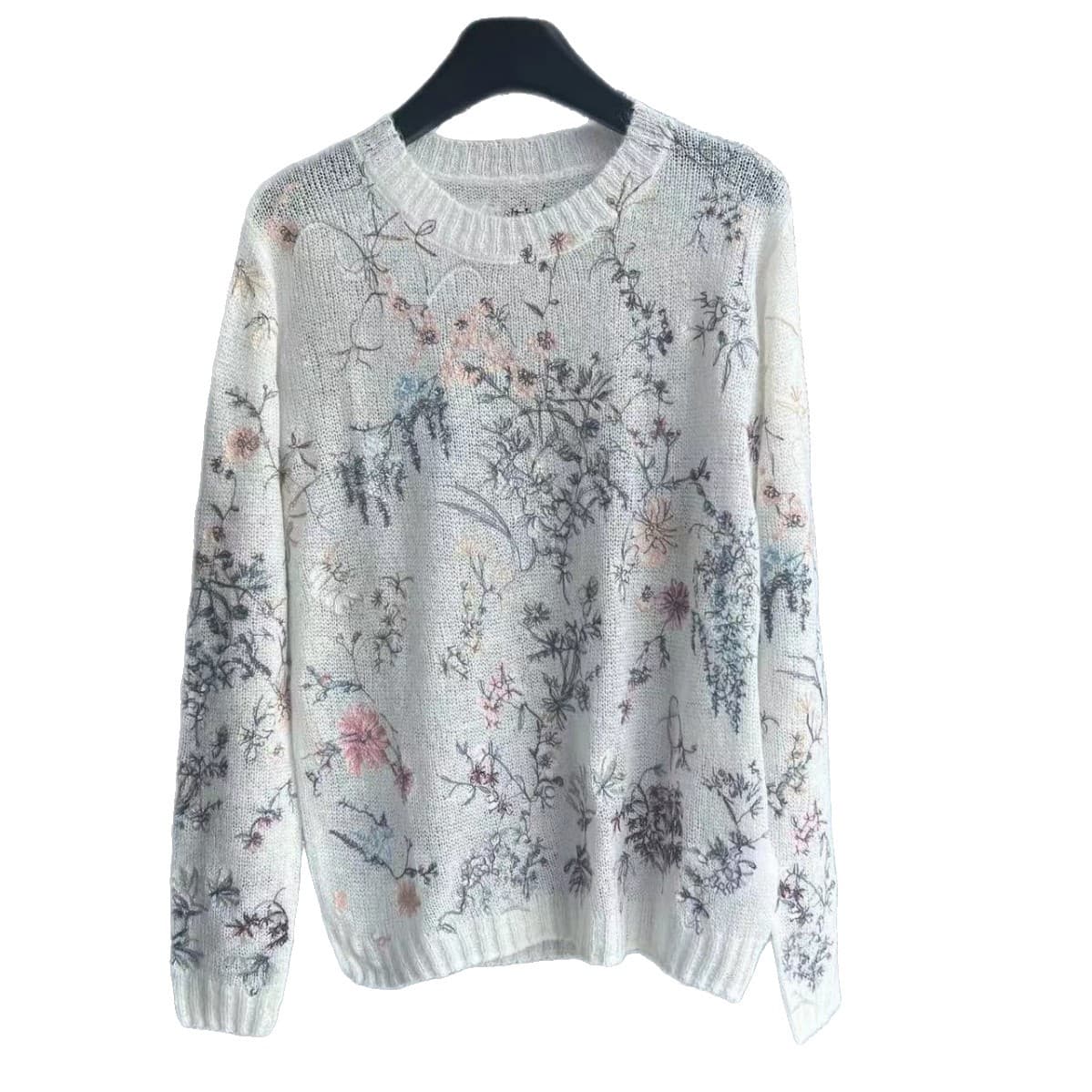 Early Fall Knit Cashmere Mohair Pullover Long-Sleeve Top with Plant Bud Embroidery Women's Minimalist Heavy-Duty Sweater