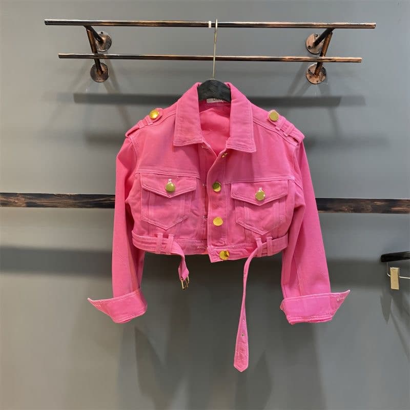 Girls' Rose Red Denim Jacket 2026 Spring and Autumn New Solid Color Lapel Metal Button Kids Fashion Short Jacket