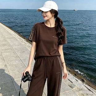 Cross-Border Summer Casual Sportswear Set for Women, New Trendy Slimming Fashion Short Sleeve Wide-Leg Pants Two-Piece Set