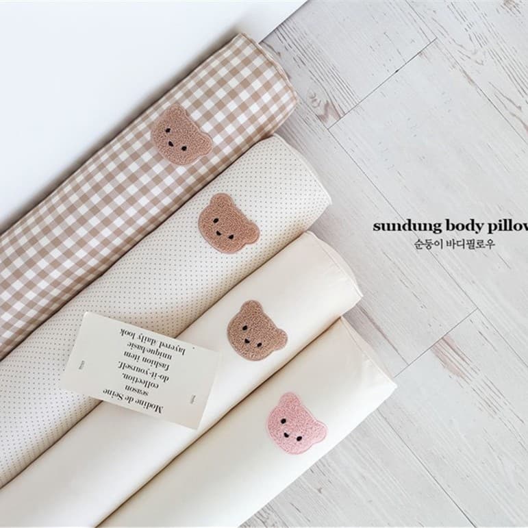Korean Ins-Style Embroidered Bear Cylindrical Children's Pillow, Baby Long Crawling Pillow, Infant Crib Bumper