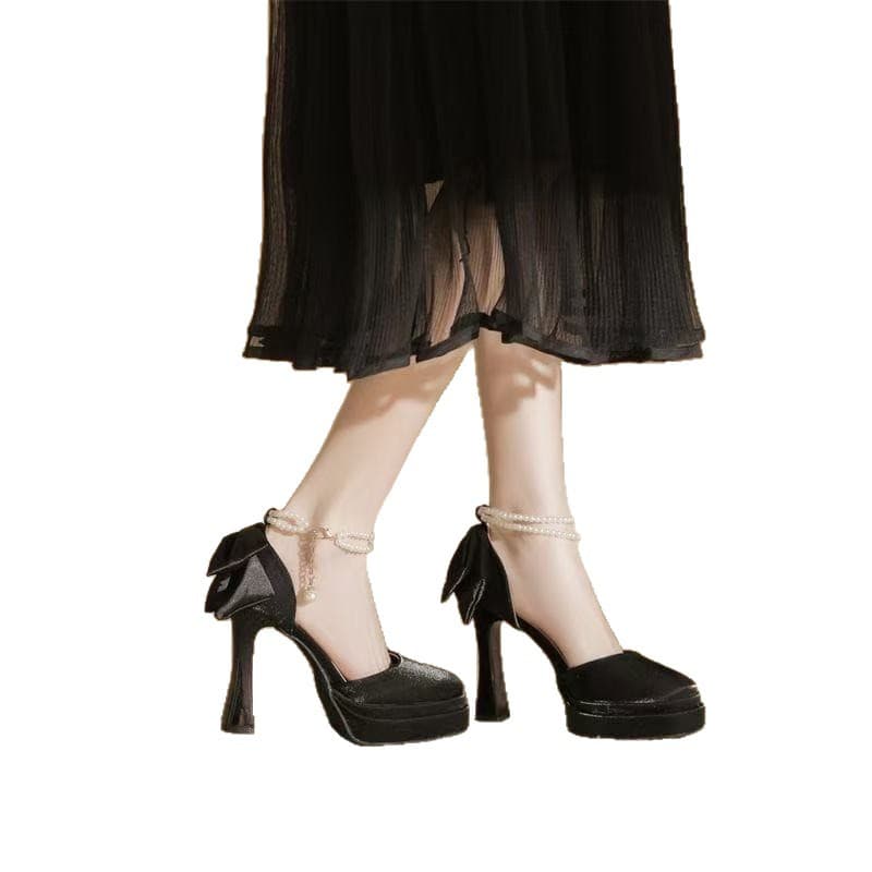 Women's High Heels Spring Summer Elegant French Style New Single Shoes Gentle Fairy Look Satin Pearl Bow Sandals