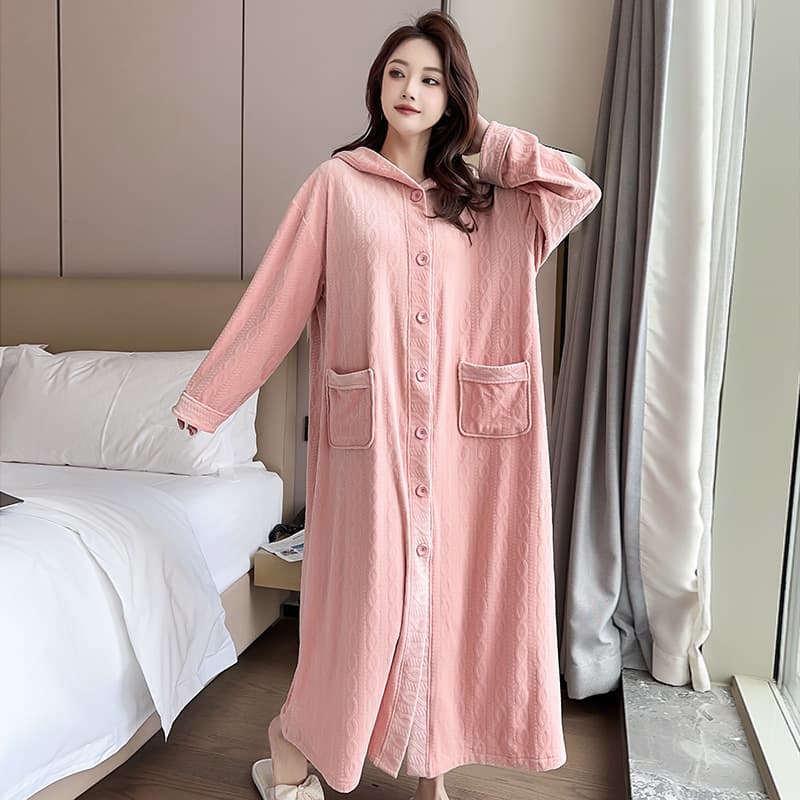 Plus Size Winter Thermal Sleep Dress Solid Color Hooded Bathrobe Women Long Warm Bathrobe Loose Thick Sleep Dress