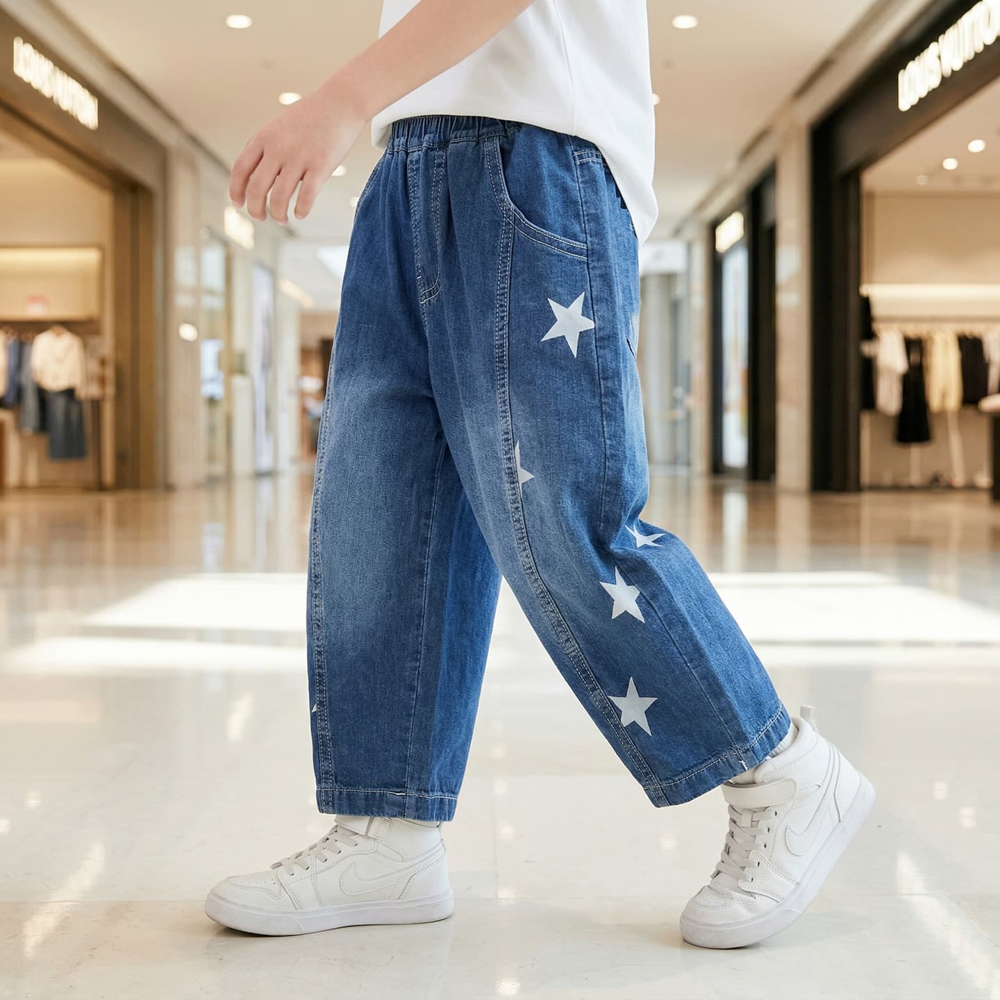 Pure cotton children's jeans summer thin summer pants five-pointed star hot style boys' loose straight pants anti-mosquito pants wholesale