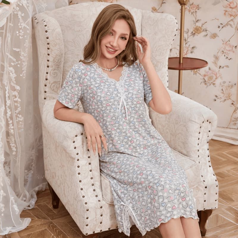 Russian Summer Nightgown with Heart Print, Short Sleeves, Loose Fit, Plus Size, Lace Collar, Slit Lace Trim Dress, Suitable for Outdoor Wear