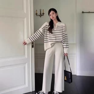 Fashion Women's Set: Korean Loose Striped Knit Top Two-Piece Set, Casual High-Waist Flowing Knit Wide-Leg Pants