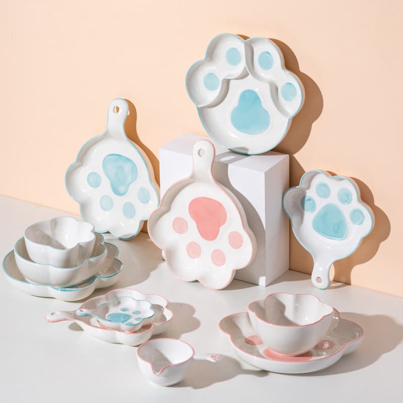 Nordic Ins Creative Bowl and Plate Set Household Cartoon Ceramic Tableware Combination Cat Paw Bowl Baby Complementary Food Bowl Rice Bowl