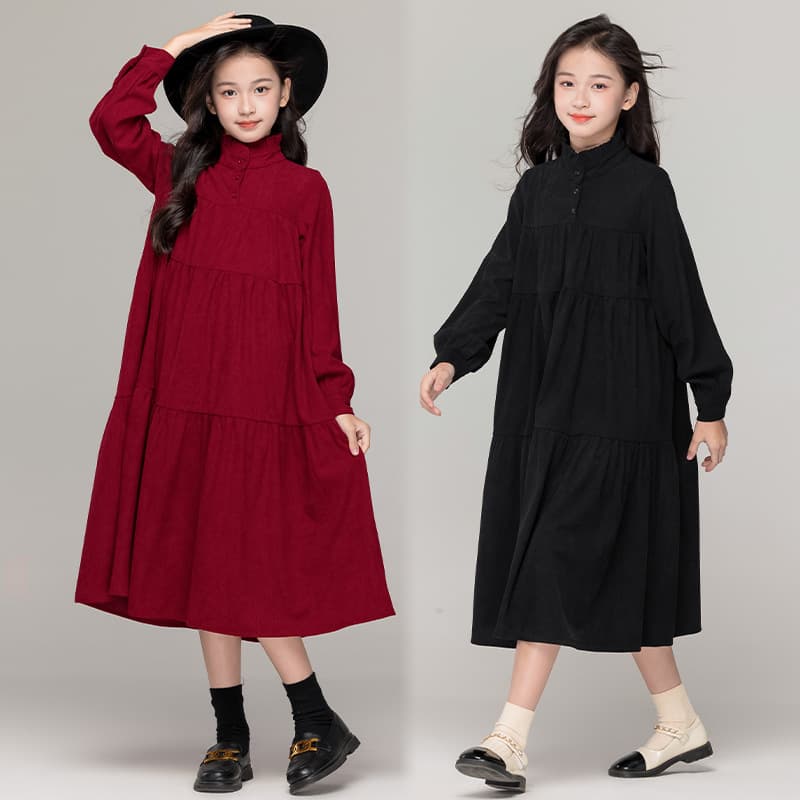 Retro Loose Long Dress for Girls High Collar Artistic Style Autumn Winter Slimming Midi Children's Dress Mother Daughter Outfit