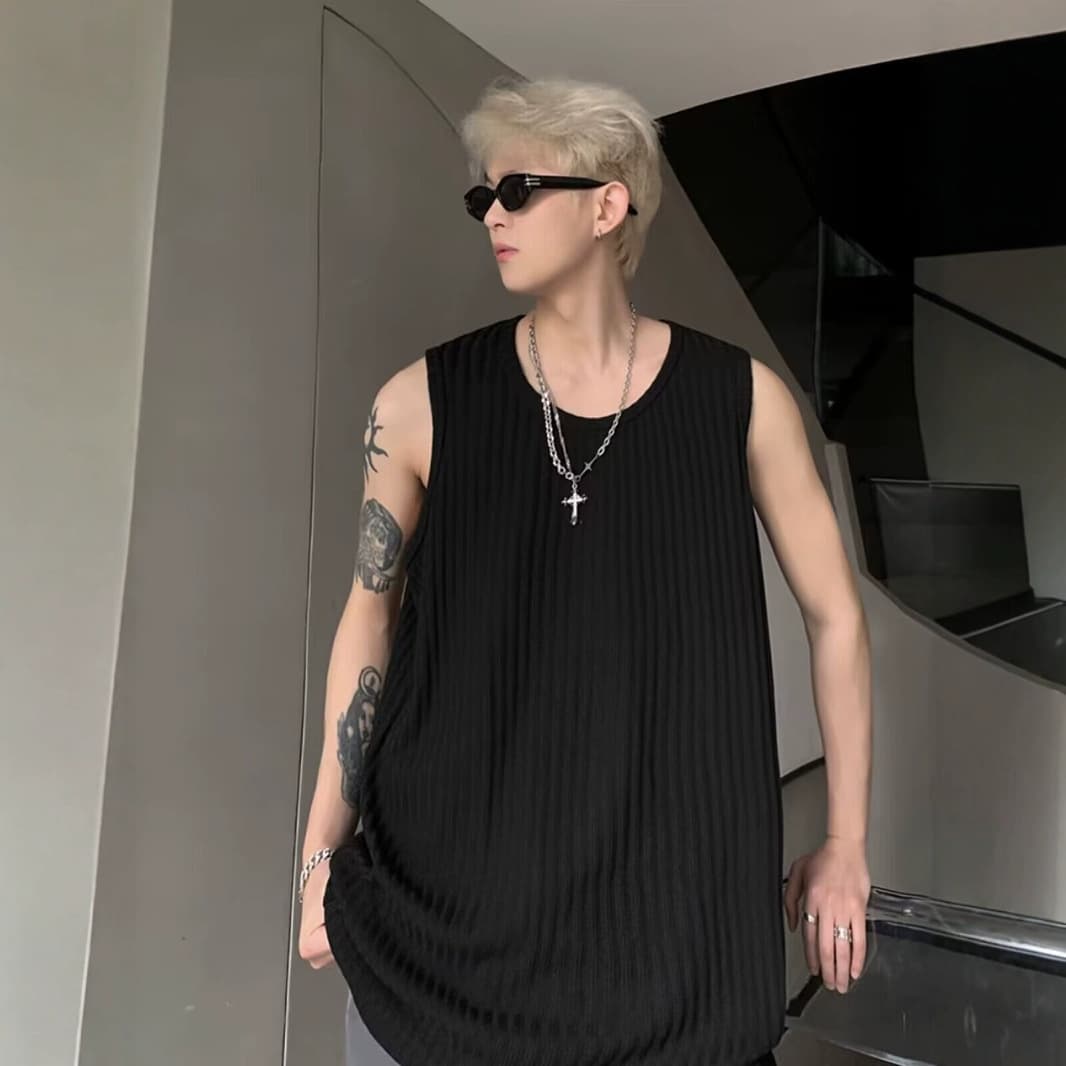 Textured Ice Silk Vest for Men 2025 Summer New Youth Sports Loose Fit Sleeveless T-Shirt Tank Top